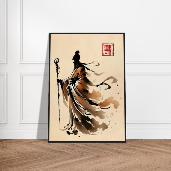 Monk in Profile Flowing Robes Ink Wash Japanese Zen Art Poster