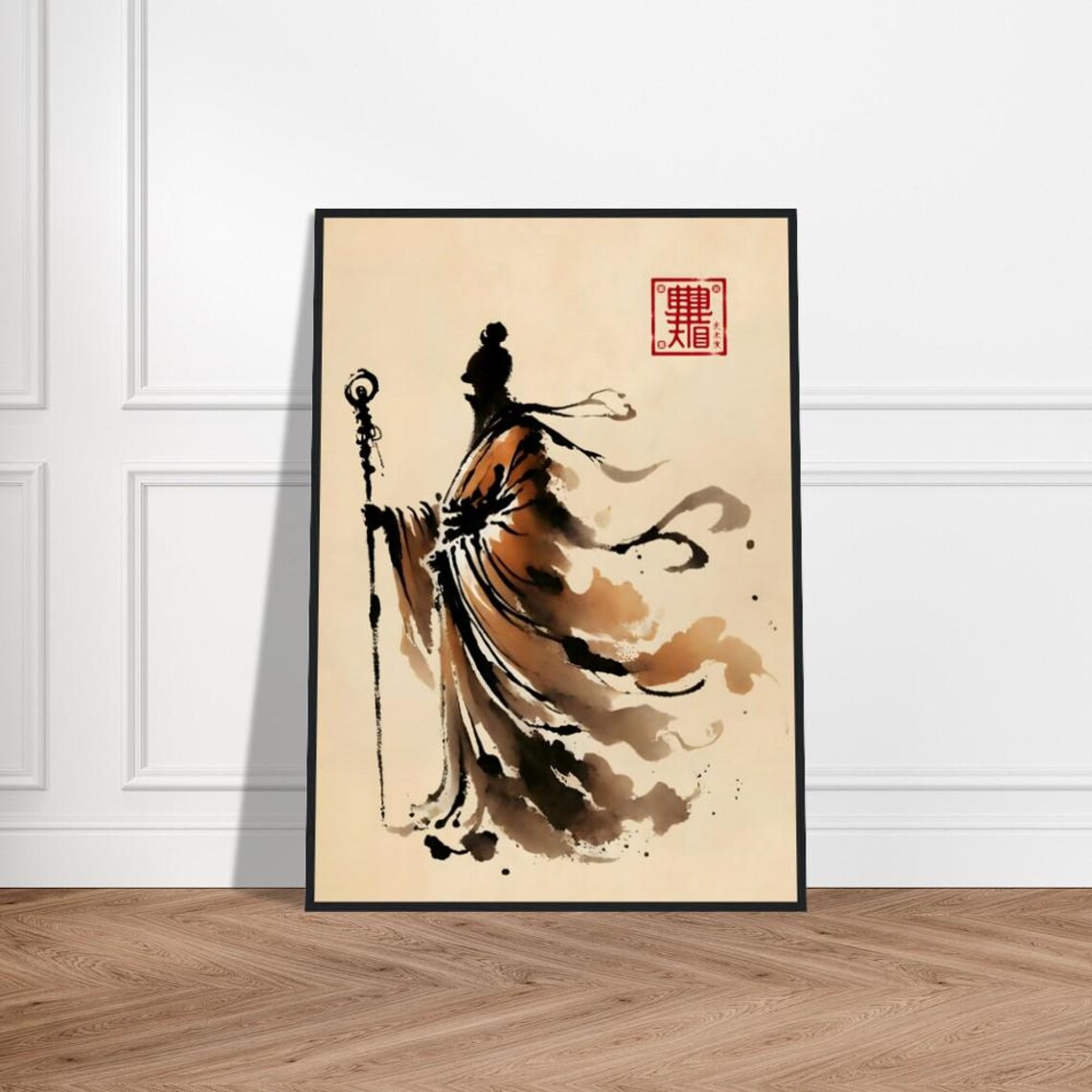 Monk in Profile Flowing Robes Ink Wash Japanese Zen Art Poster