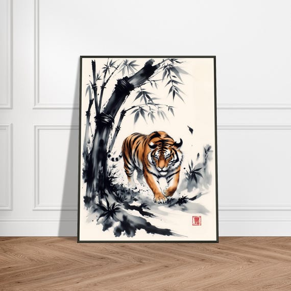 Japanese Ink Painting Of Tiger Stalking Through Bamboo Grove Sumie Style Wildlife Art With Bold Brushwork