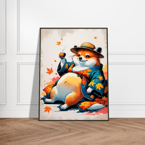 Shiba Inu In Kimono Wall Art With Metal Frame Japaneseinspired Ink Illustration Autumn Maple Leaves Tea Scene Vibrant Colors