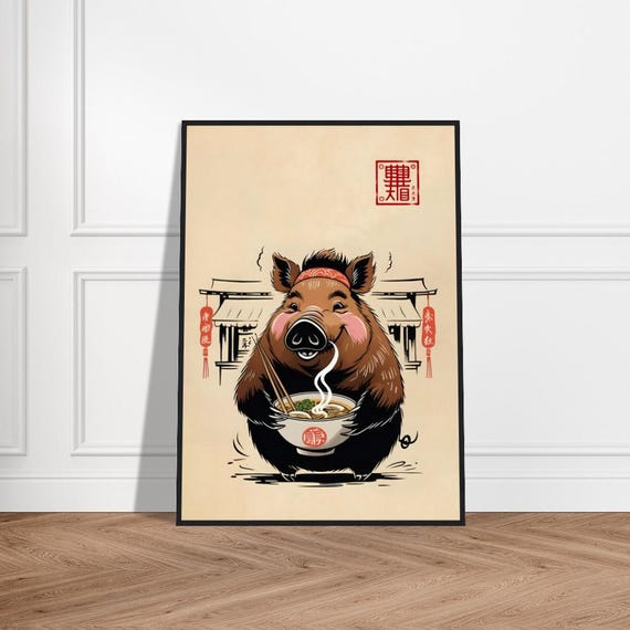 Japanese Boar Ramen Art Print Whimsical Wild Enjoying Noodles Traditional Asianinspired Illustration Playful Culinary Wall Decor