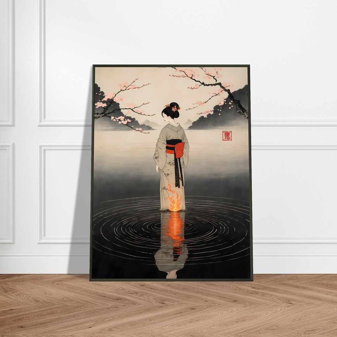 Geisha With Fiery Reflection, Elegant Japanese Ink Art