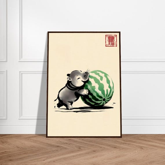 Japanese Moo Deng Art Poster Minimalist Wall Decor Museumquality Matte Paper Framed Zen Animal Print Playful Hippo Artwork