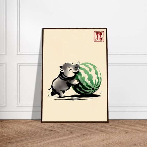 Moo Deng Baby Hippo Hugging a Giant Watermelon Ink Wash Poster