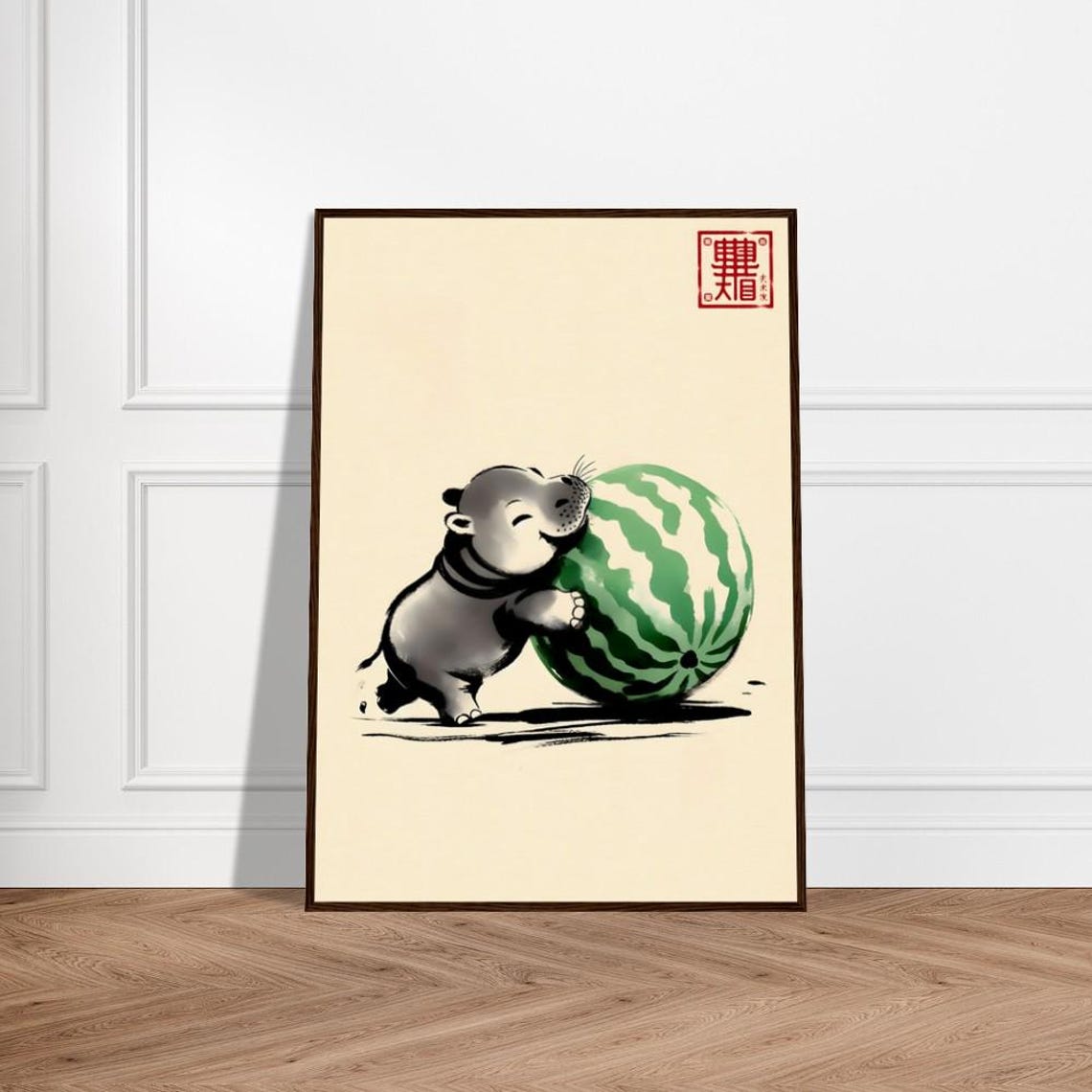 Moo Deng Baby Hippo Hugging a Giant Watermelon Ink Wash Poster