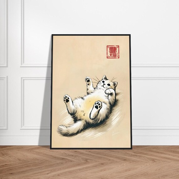 Fluffy Kitten on Back Japanese Sumi E Ink Cat Painting Poster