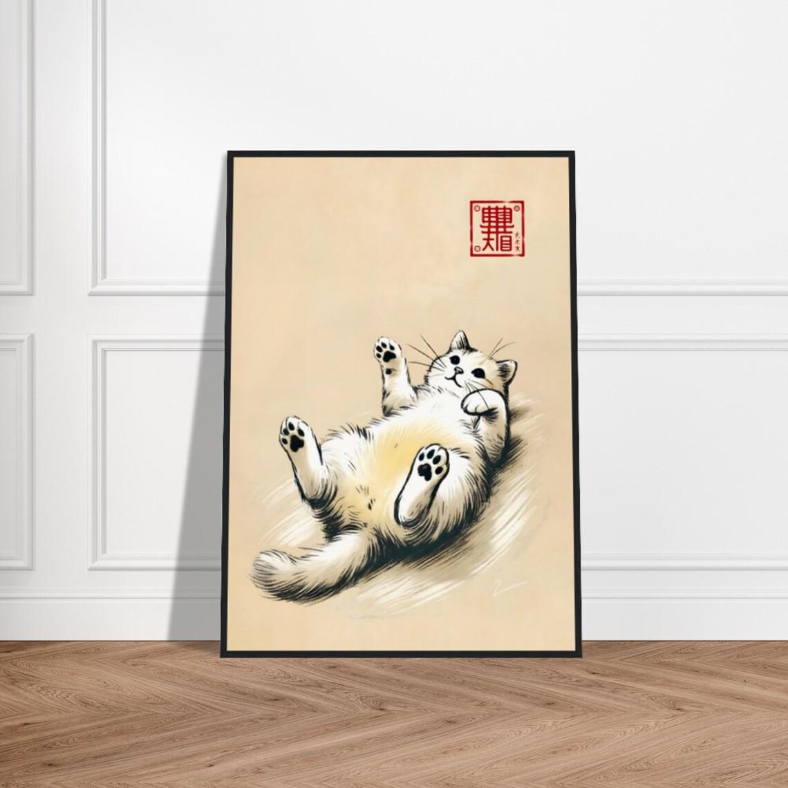 Fluffy Kitten on Back Japanese Sumi E Ink Cat Painting Poster