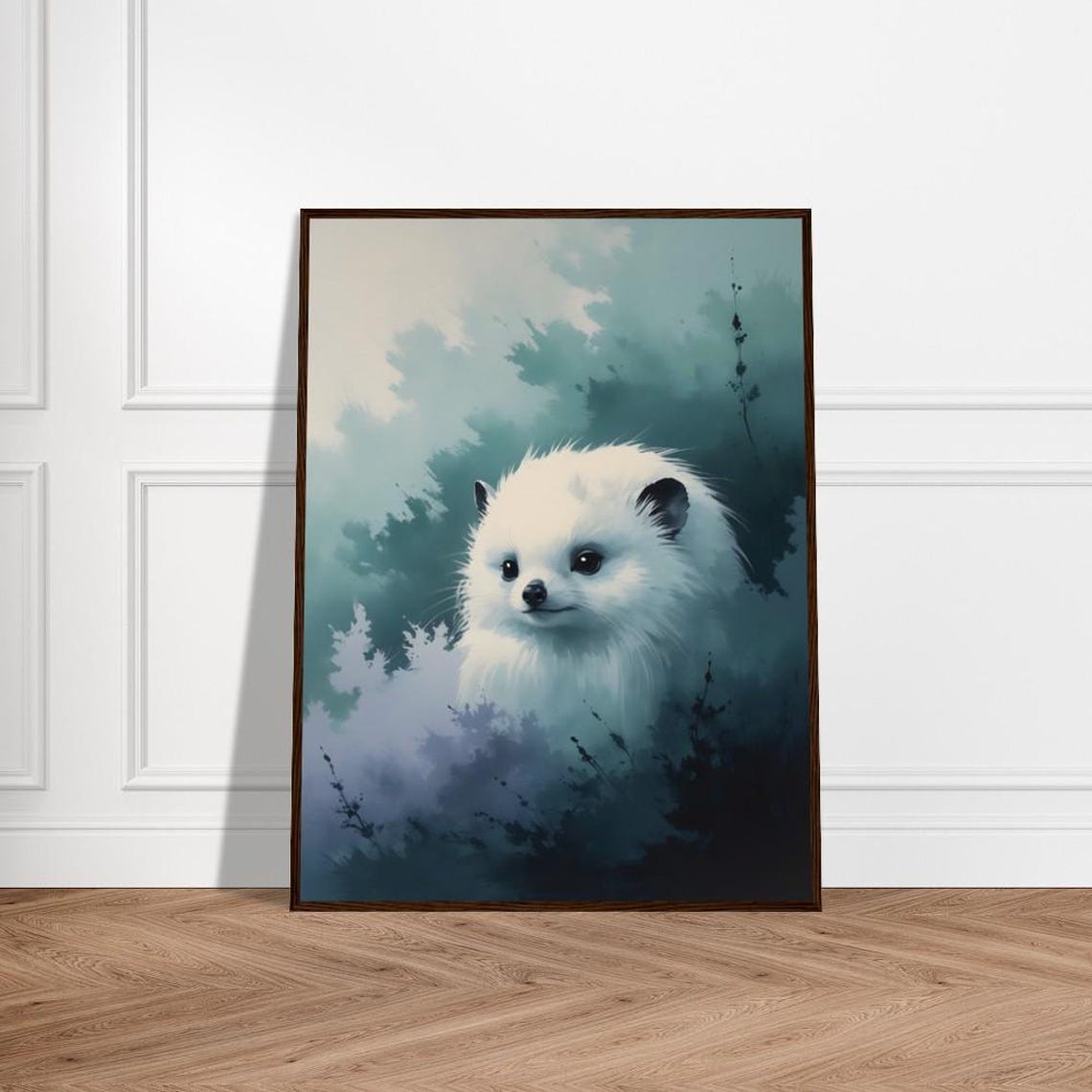Gentle White Hedgehog in Misty Forest Japanese Watercolor Poster