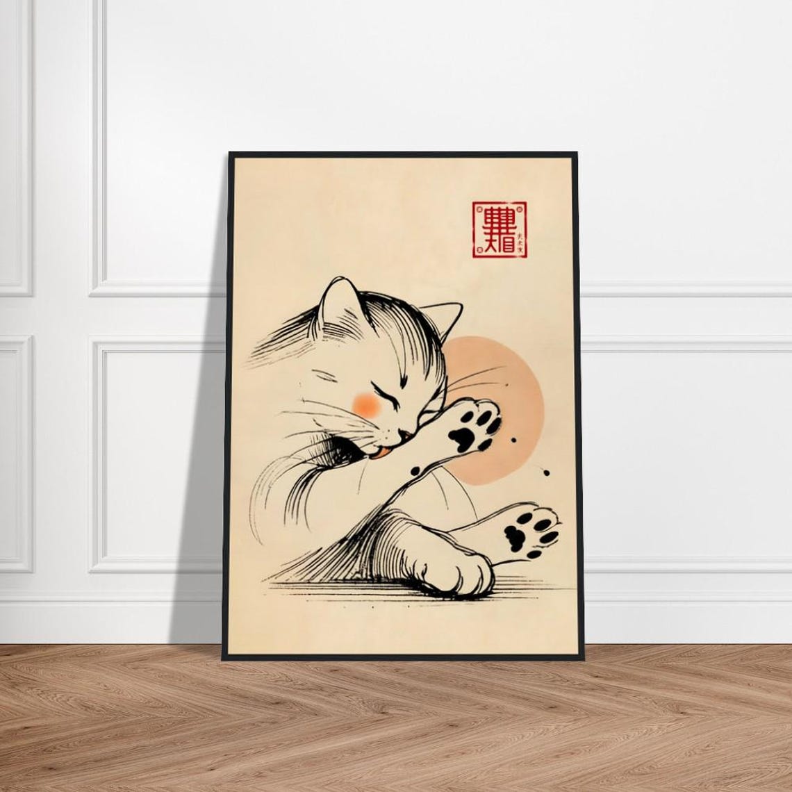Japanese Cat Grooming Paw Blushing Cheeks Soft Sun Ink Poster