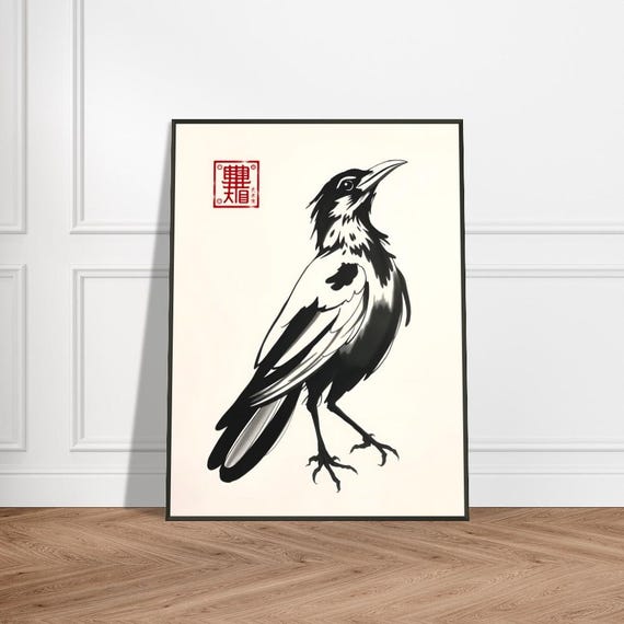 Japanese Ink Wash Bird Illustration Minimalist Black And White Crow Artwork With Red Seal Stamp Traditional Sumie Style
