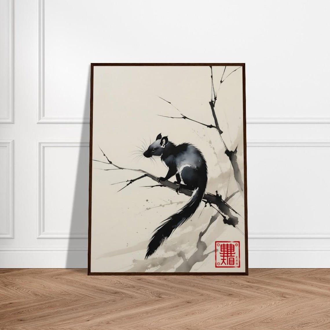 Elegant Squirrel On Branch Japanese Sumi E Ink Brushwork Poster