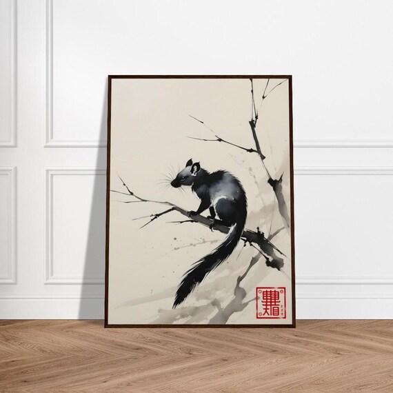 Elegant Squirrel On Branch Japanese Sumi E Ink Brushwork Poster
