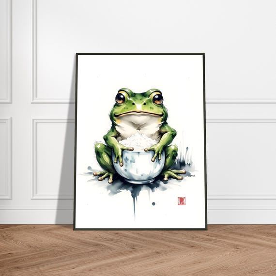 Cute Frog Holding Rice Bowl Japanese Art Print Whimsical Amphibian Illustration Minimalist Zen Wall Decor Playful Artwork