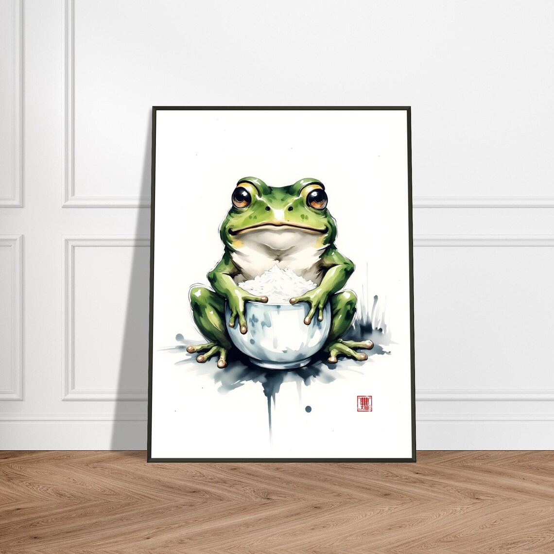 Cute Green Frog Holding Rice Bowl Japanese Watercolor Art Poster