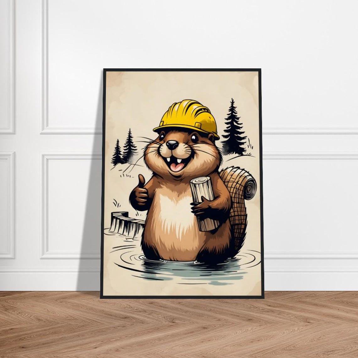 Builder Beaver Illustration Cheerful In Hard Hat With Timber Whimsical Forest Scene Fun Nature Art For Decor Or Gifts