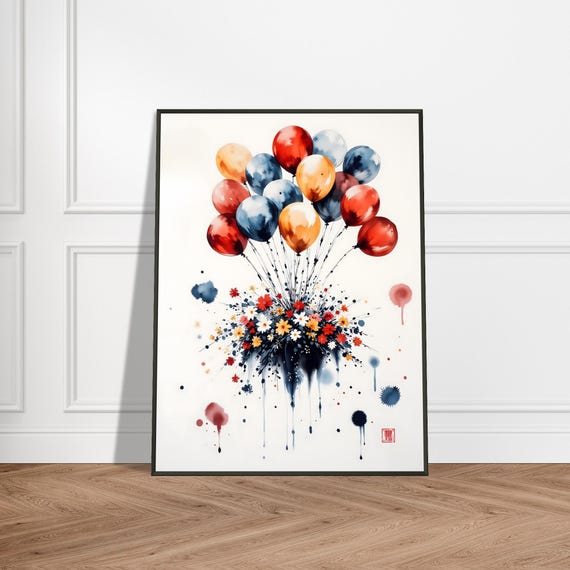 Balloon Bouquet Art Print Japanese Watercolor Floral Celebration Illustration Whimsical Zen Wall Decor Uplifting Nature Painting