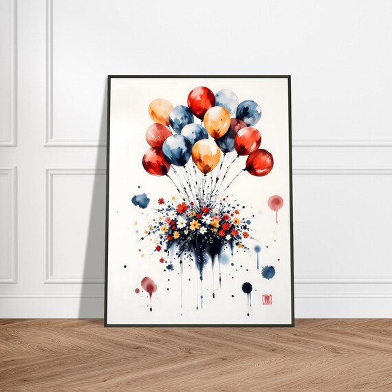Colorful Balloons Tied To Flower Bouquet Watercolor Art Poster