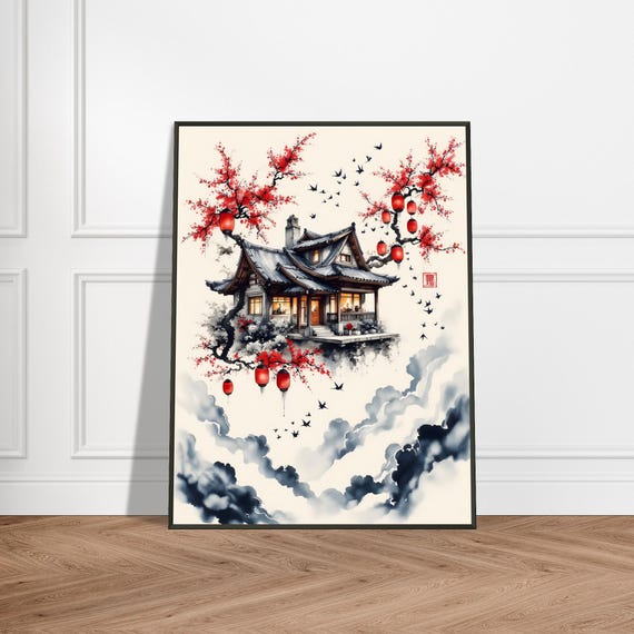 Lantern House Wall Art Japanese Ink Style Home With Red Lanterns And Cherry Blossoms Whimsical Metal Framed Decor
