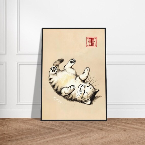 Playful Tabby Kitten Rolling on Back Japanese Ink Cute Poster