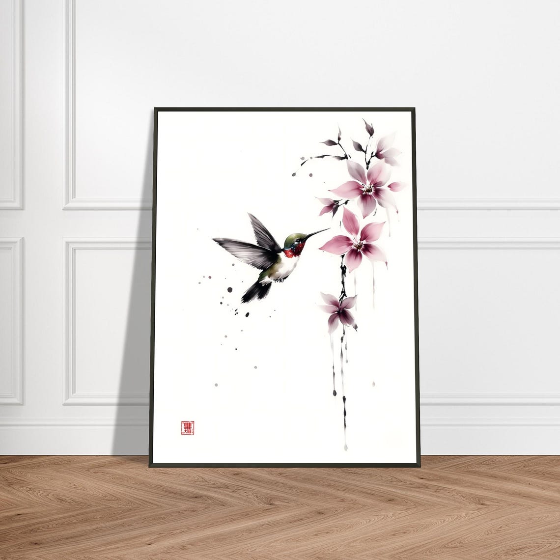 Ruby Hummingbird and Pink Blossoms Airy Ink Wash Painting Poster