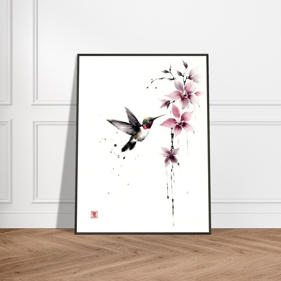 Ruby Hummingbird and Pink Blossoms Airy Ink Wash Painting Poster
