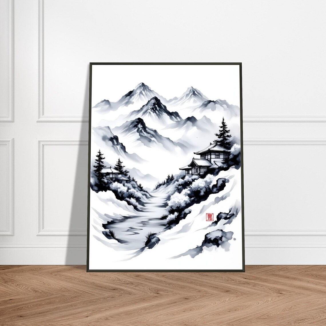 Snowy Mountain Temple Classic Black Ink Landscape Poster Art
