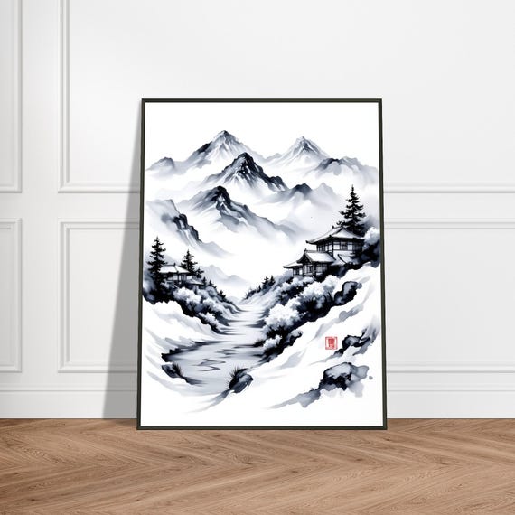 Japanese Mountain Village Ink Print Sumie Style Snowy Landscape Art Zen Winter Scene With Traditional Houses Peaceful Wall Decor