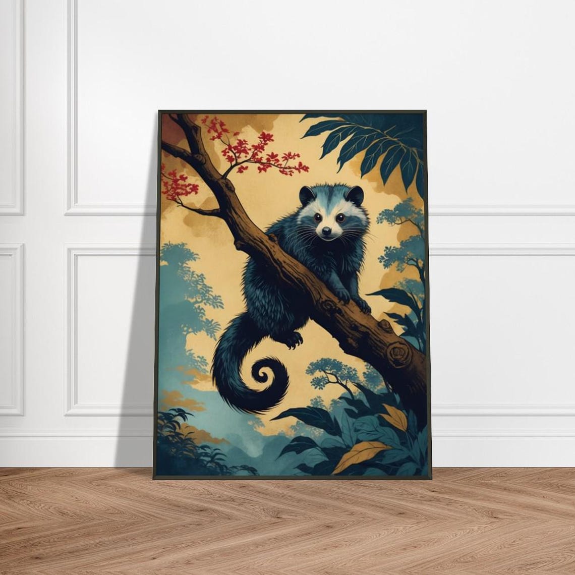 Curious Masked Forest Animal on Tree Branch Japanese Ukiyoe Art Poster