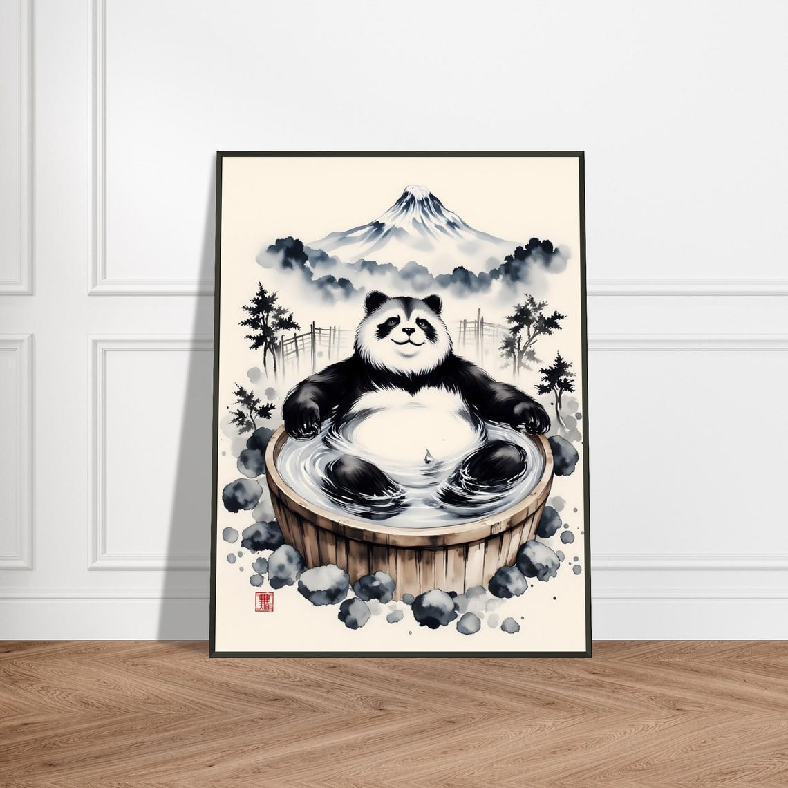 Panda Soaking in Hot Spring Tub Mount Fuji Japanese Ink Poster