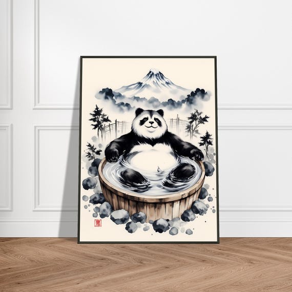 Relaxed Panda In Japanese Onsen Zen Ink Wall Art Print With Metal Frame Mount Fuji And Hot Spring Minimalist Decor