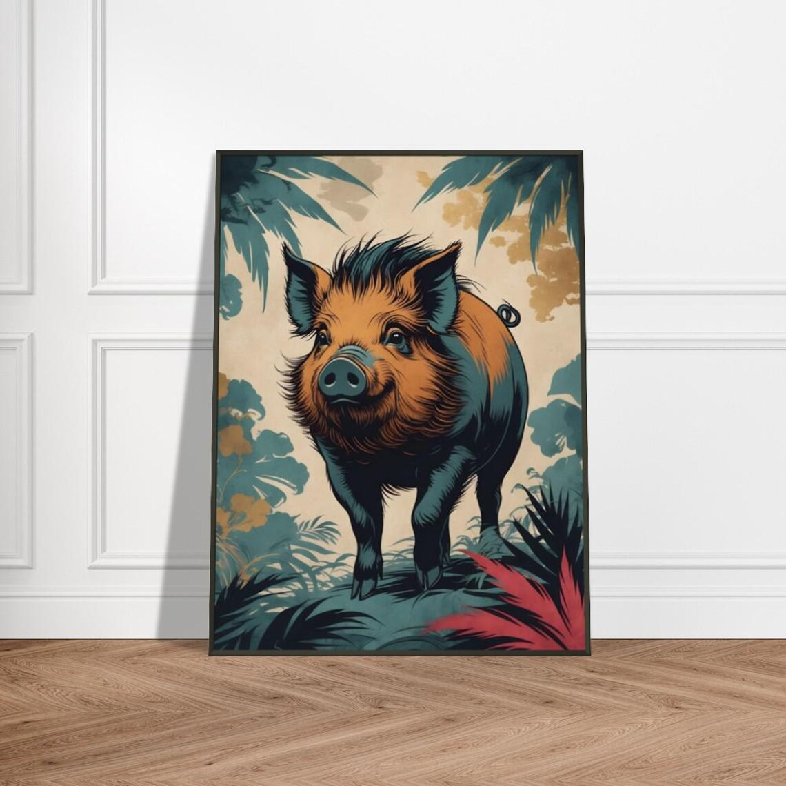 Wild Boar Standing in Lush Tropical Jungle Japanese Style Poster
