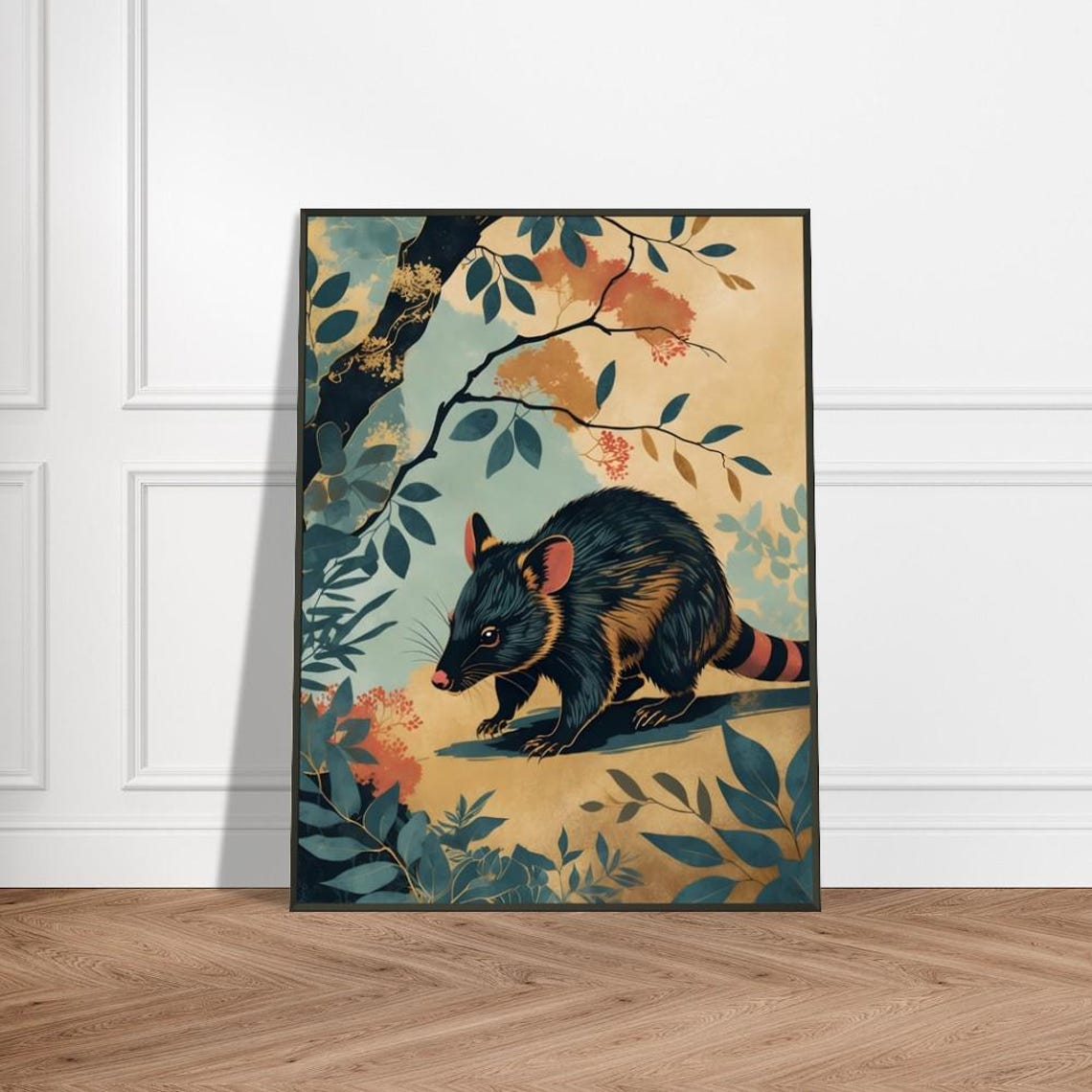 Dusky Antechinus In Vibrant Forest Japaneseinspired Wildlife Art Ukiyoe Style Nature Illustration Unique Animal Wall Decor