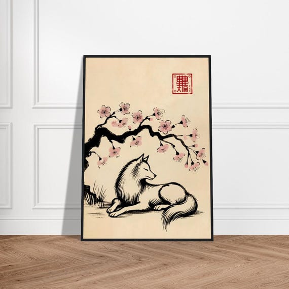 Japanese Wolf Art Poster Minimalist Wall Decor Museumquality Matte Paper Framed Zen Okuriinu Print Nature Artwork
