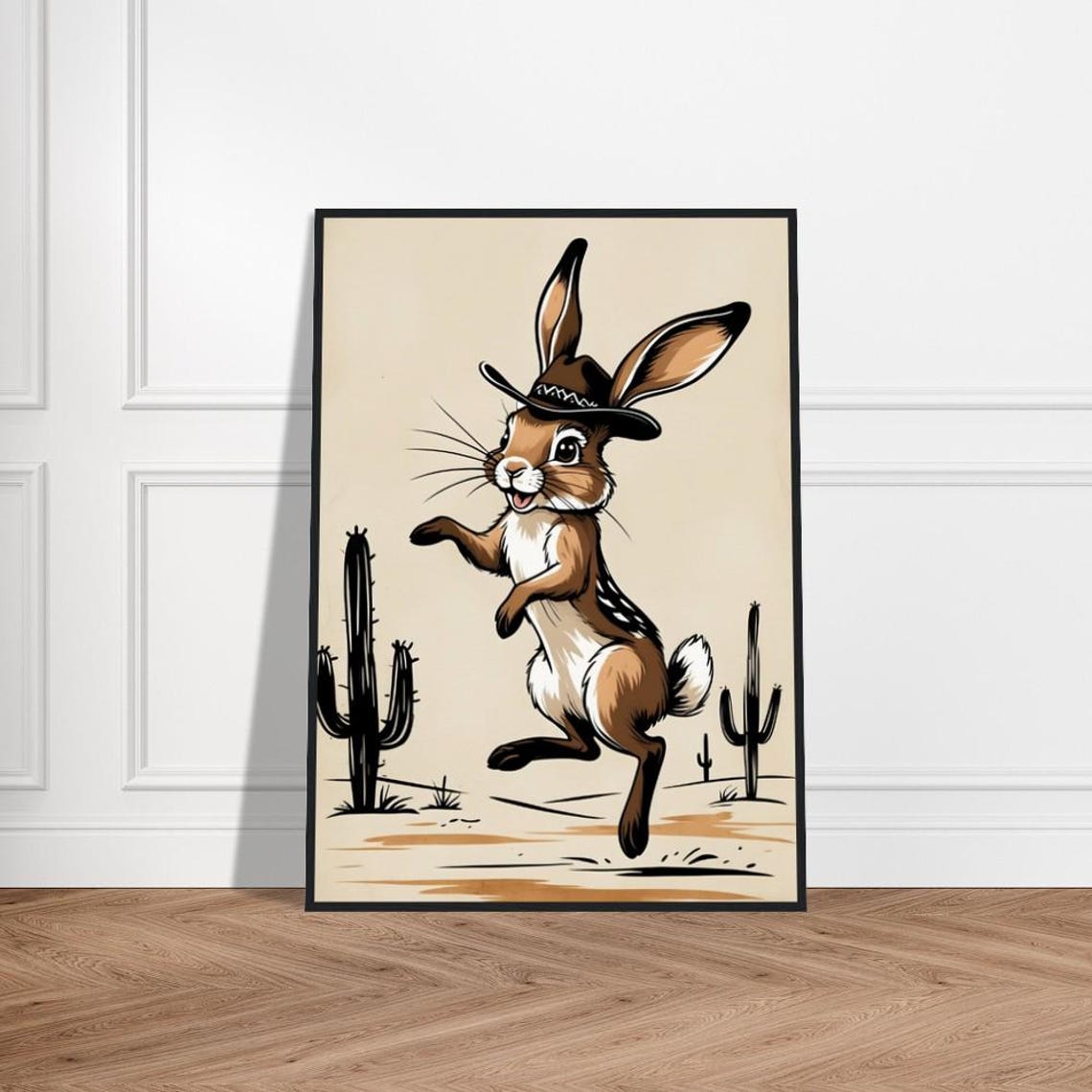 Cowboy Jackrabbit Illustration Playful Desert Bunny With Hat In Cactus Landscape Whimsical Western Art For Decor Or Gifts