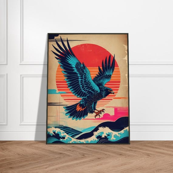Soaring Hawk Over Ocean Waves Japaneseinspired Metal Framed Art Print Bold Red Sun Dynamic Clouds And Ukiyoe