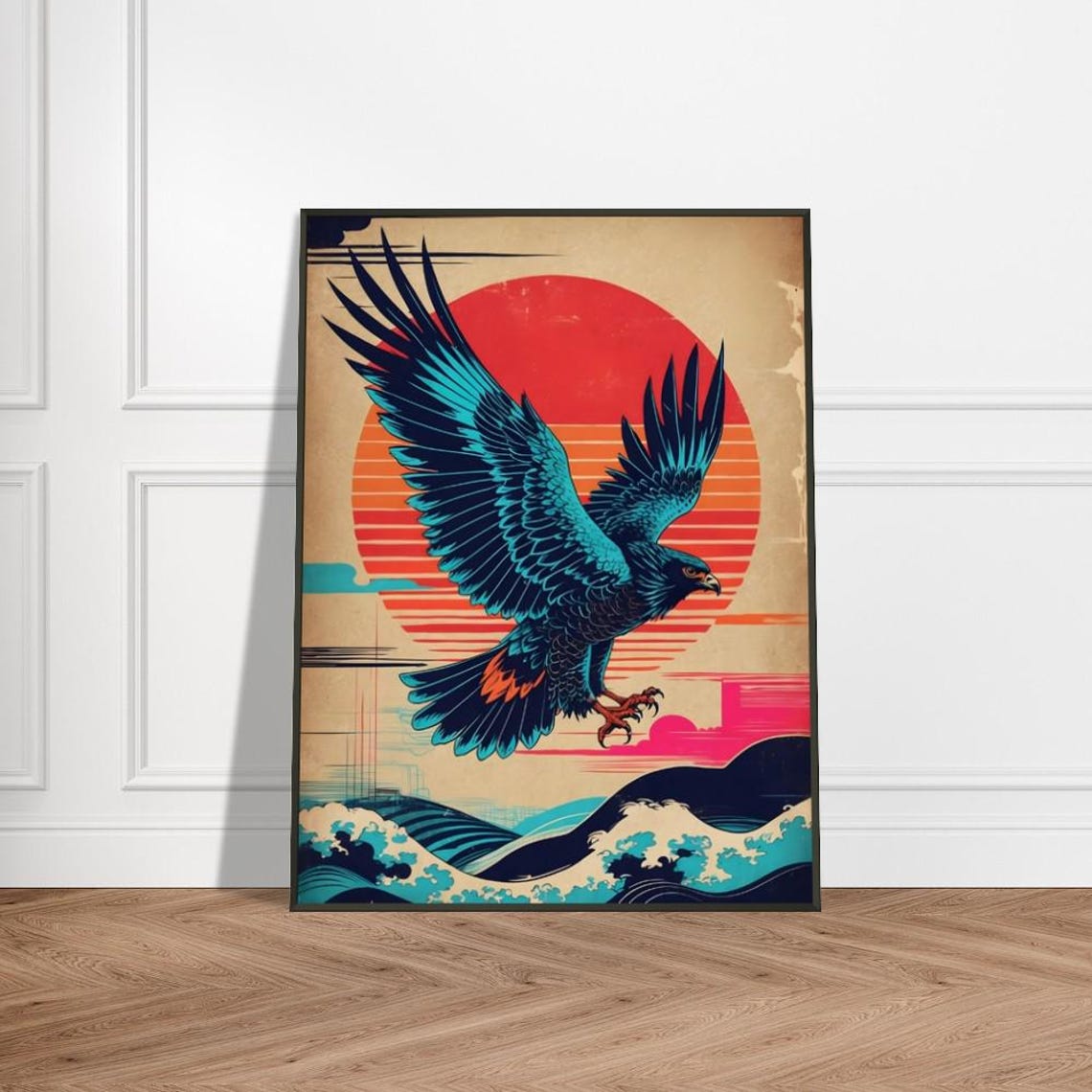 Soaring Hawk Over Ocean Waves Sunset Neon Retro Japanese Poster