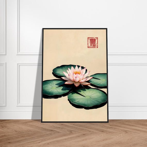 Japanese Water Lily Watercolor Art Pink With Green Pads And Minimalist Botanical Wall Decor For Zen Spaces