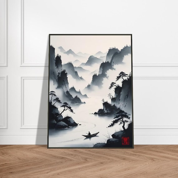 Mountain River Landscape With a Lone Boatman Ink Wash Poster