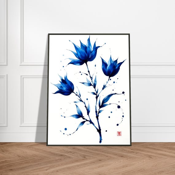 Blue Watercolor Art Print Japanese Ink Floral Painting Minimal Zen Botanical Wall Decor Elegant Nature Artwork