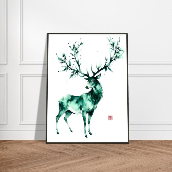 Forest Spirit Deer Art Print Japanese Watercolor Animal Illustration Zen Nature Wall Decor Green Botanical Antler Design