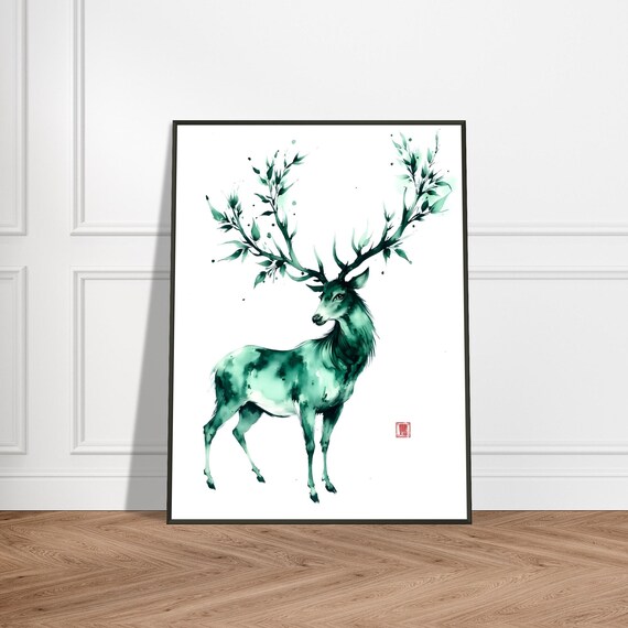 Green Watercolor Stag Poster with Leafy Branching Antlers Ink