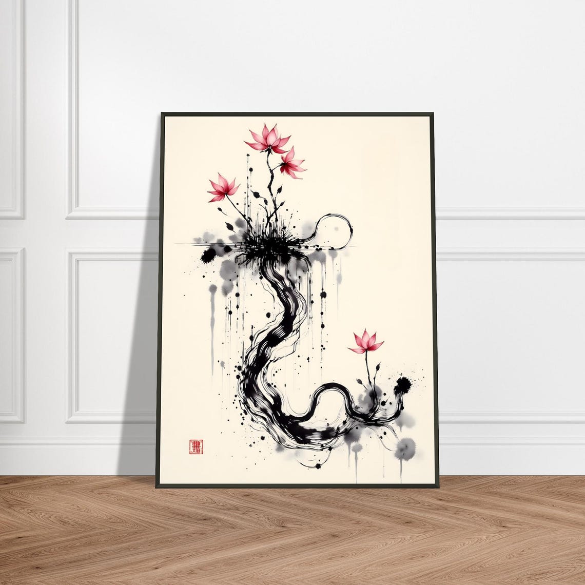 Black Ink River Coils Beneath Pink Lotus Blossoms Poster Painting