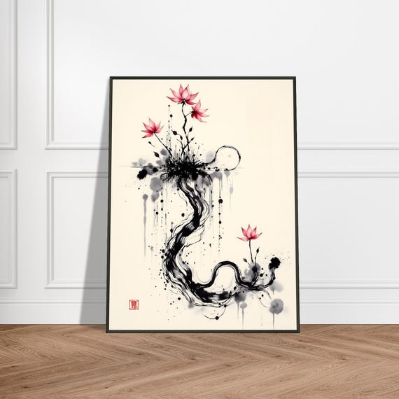 And Flowing Ink Print Japanese Sumie Floral Art Abstract Zen Brush Painting Elegant Pink Flower Wall Decor For Meditation Spaces