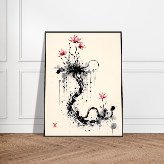 Black Ink River Coils Beneath Pink Lotus Blossoms Poster Painting