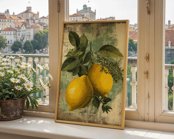 Vintage Lemon Kitchen Art Print, Rustic Farmhouse
