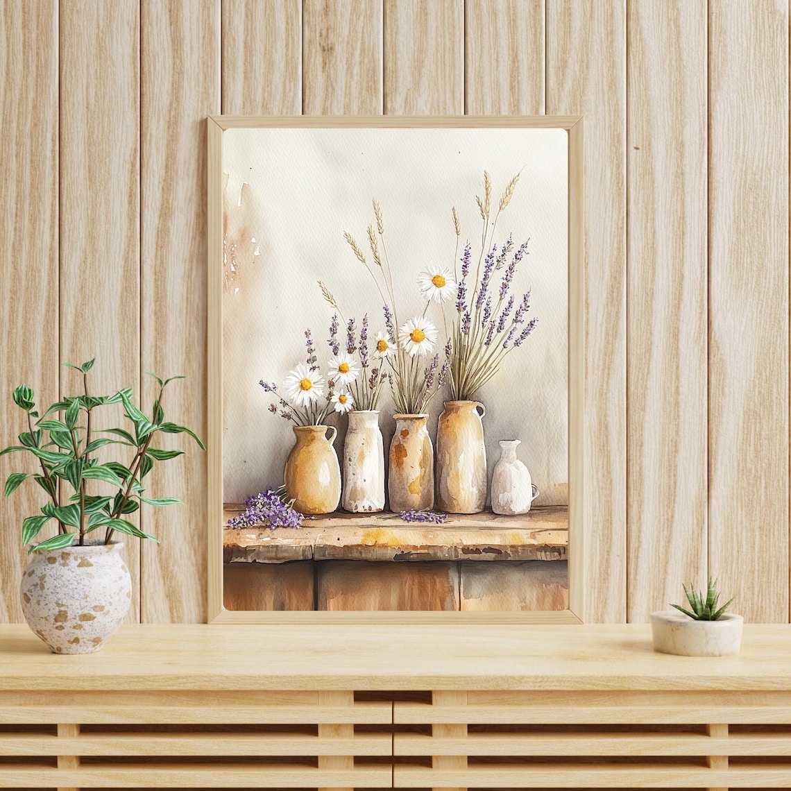 Wildflowers and Lavender in Rustic Pottery Vases Farmhouse Print - Image 3