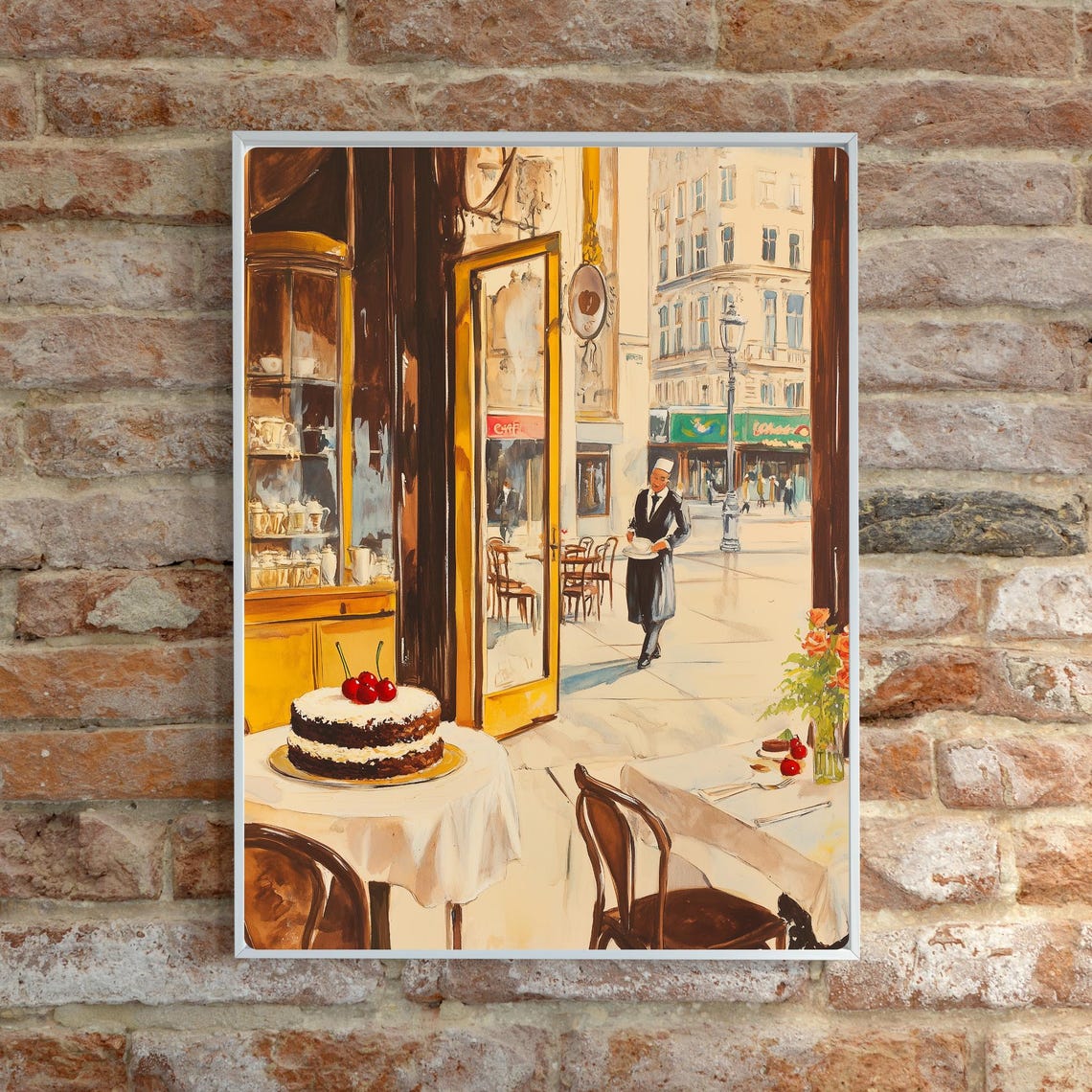 Viennese Cafe Interior with Cherry Cake and Waiter Painting Poster - Image 5