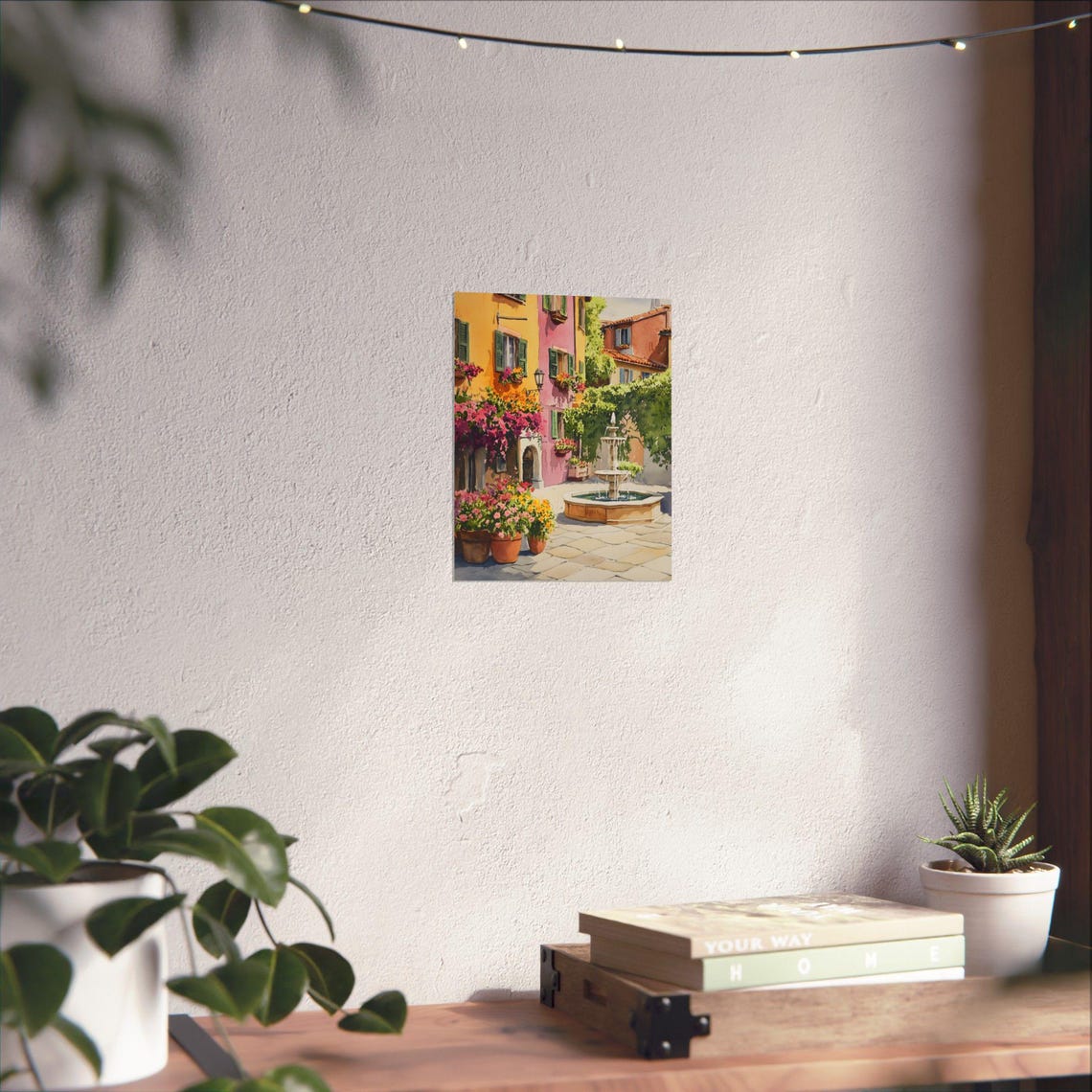 Italian Piazza Fountain with Flower Pots Sunny Watercolor Poster - Image 4