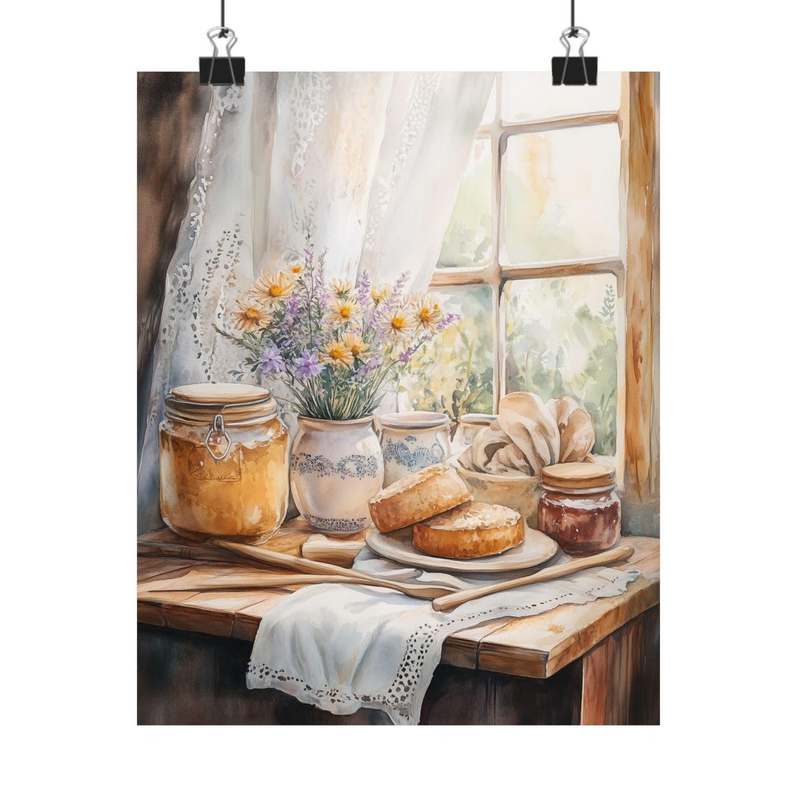 Country Kitchen Still Life with Bread and Jam by a Window Poster