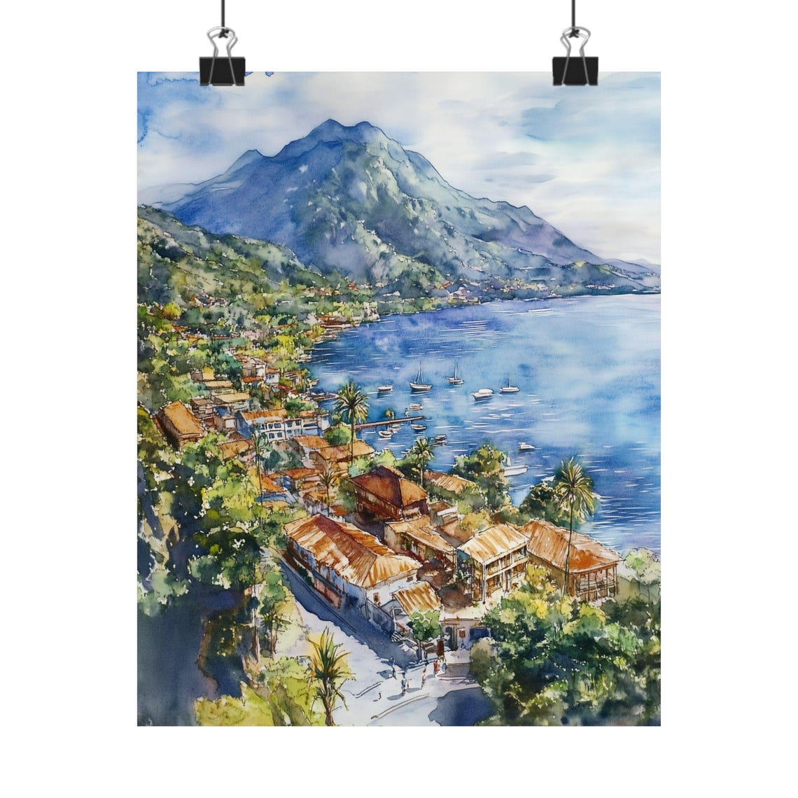 Lake Atitlan Guatemala Aerial Lakeside Town Volcano Watercolor Poster